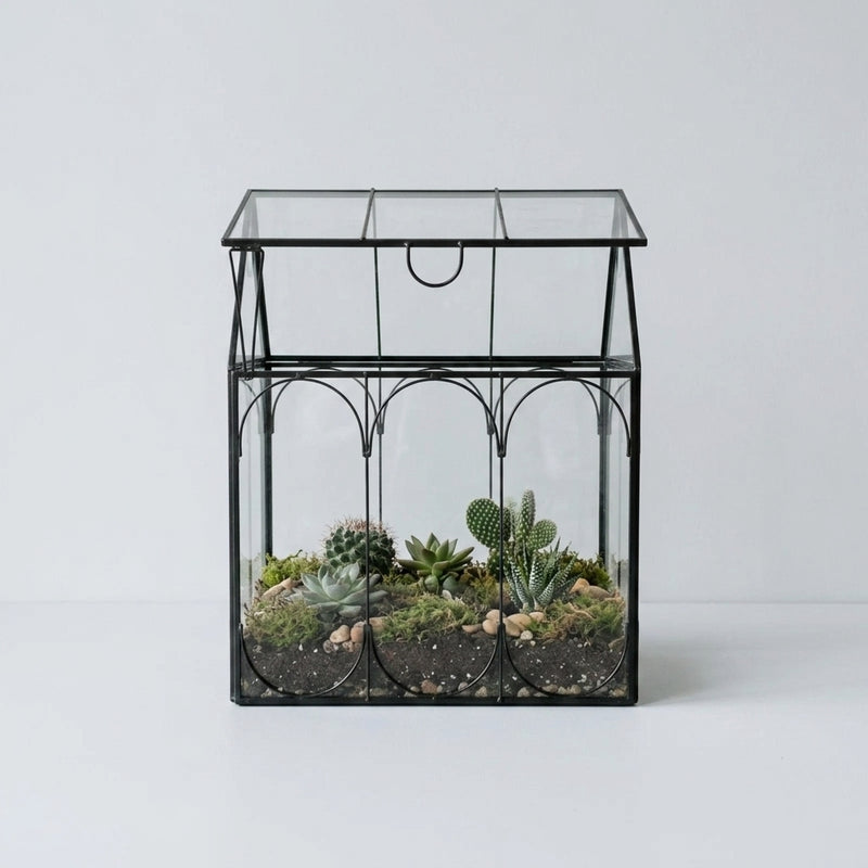 Terrarium maison en verre avec cadre en métal noir